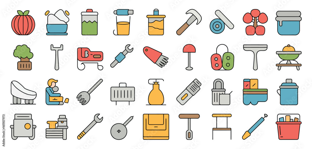 Collection of everyday objects and tools illustrated in a flat design ...