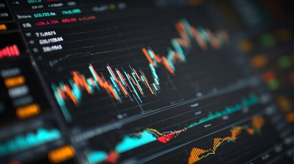Poster - A computer screen with real-time financial data, including bar and line graphs showing stock price changes and market volatility