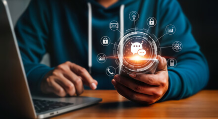 Poster - A person uses a smartphone with a glowing digital interface displaying chat icons and various service icons, connected to a laptop, symbolizing modern communication and technology