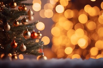 Aufkleber - Christmas tree with golden and orange baubles creating a warm, festive atmosphere with blurred lights in the background