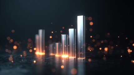 Poster - A financial bar chart with translucent bars in ascending order, placed on a dark, sleek background with glowing data points floating around