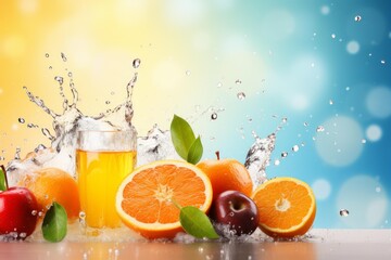Poster - Glass of refreshing fruit juice splashing with sliced oranges, apples, and water drops on a colorful background