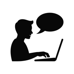 Poster - Silhouette of a person typing on a laptop with a speech bubble isolated on white background silhouette