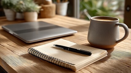 Flatlay view of home writing space with blank-key laptop, ceramic mug, sticky notes, and pen on notebook in warm light