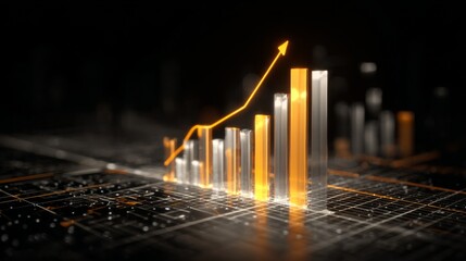 Poster - A futuristic D bar chart with tall, glowing columns and an upward trending arrow, hovering over a dark digital background filled with grid patterns