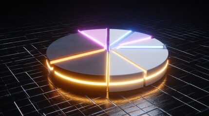 Poster - A futuristic D pie chart with floating segments, each glowing with neon lights, set against a dark grid background, representing financial data visualization