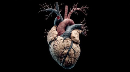 Poster - A highly detailed D rendering of a human heart with visible arteries and veins, set against a dark background, emphasizing its complex structure
