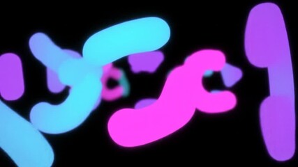 Poster - Abstract digital art featuring rounded, elongated shapes in shades of blue, pink, and purple floating against a black background.