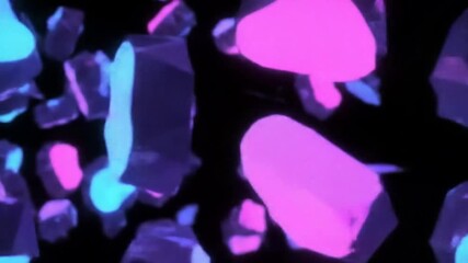 Poster - Abstract floating geometric shapes in shades of pink, purple, and blue against a dark background, creating a modern and dynamic visual.