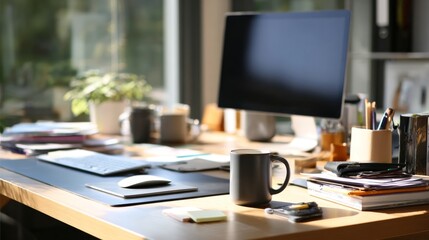 Poster - A modern office desk with a sleek computer setup, organized stationery, and a coffee mug, bathed in natural light from a nearby window, creating a productive workspace environment.