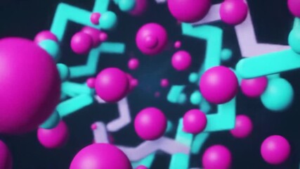 Poster - Abstract composition of pink spheres and turquoise geometric shapes floating in a dark, blurred background creating a modern, dynamic visual.