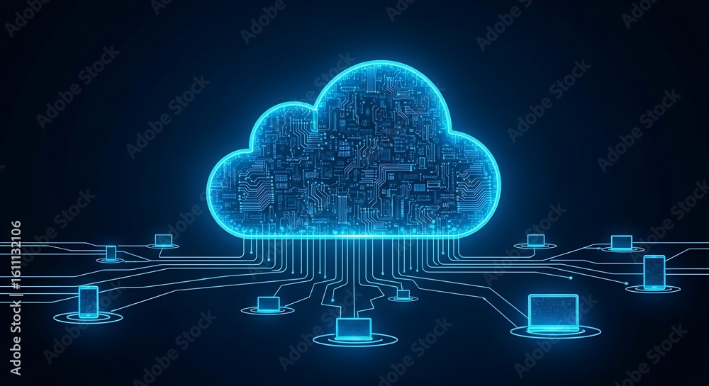 Glowing Blue Circuit Board Cloud Icon with Connections to Various ...