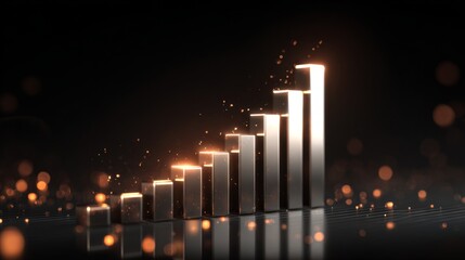 Poster - A set of metallic D bars in a financial chart rising steadily in height, with a dark, futuristic background and glowing digital data points floating around