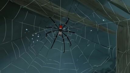 a spider spinning an intricate web in a dark corner. Dew drops sparkle on the web, and a tiny animated ghost gets caught and gently released.