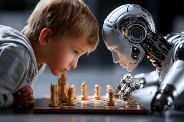 Poster - Child plays chess with robot in a futuristic setting highlighting technology and interaction