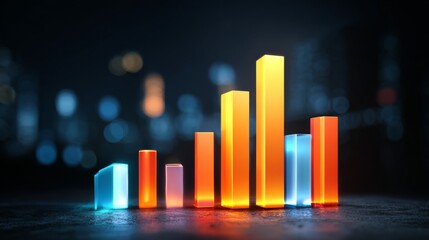 Poster - A vibrant D financial bar graph with glowing bars on a dark background, showcasing positive business growth and market performance.
