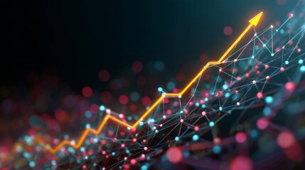 Poster - A vibrant D stock market graph with interconnected nodes and lines showing a steep upward trend, set against a high-tech, glowing background