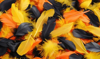Poster - Colorful feather assemblage black yellow and orange plumes abstract texture