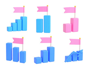 Poster - 3D rendered charts with flags on top, various colors and increasing levels. Represents goals