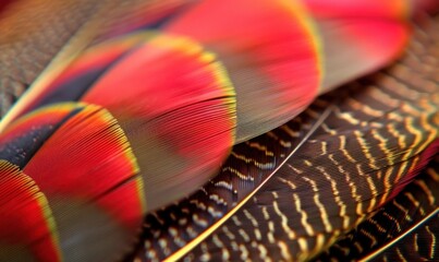 Poster - Detailed macro of vivid bird feathers in rich red orange and brown