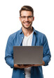 © Kasper - A young caucasian man in modern glasses and a blue work shirt, smiling confidently, holds an open sleek grey laptop on a transparent studio background with copy space, bright even lighting for a