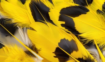 Poster - Striking yellow bird feathers with black and white accents close up
