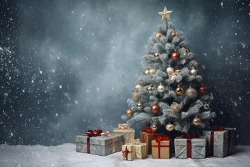 Poster - Decorated christmas tree with presents underneath stands in a snowy setting, evoking a festive holiday spirit