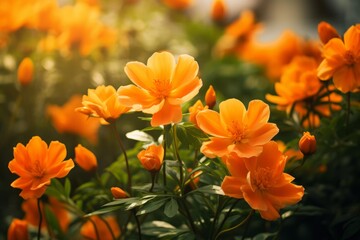 Poster - Orange globeflowers blooming in summer garden with backlight and blurred background