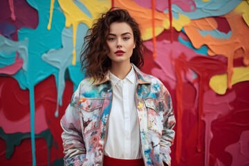 Poster - Fashionable woman wearing a colorful painted jacket standing in front of a vibrant wall with dripping paint