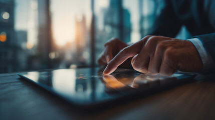 Close up of fingers touching a tablet screen with a blurred city background visible outside