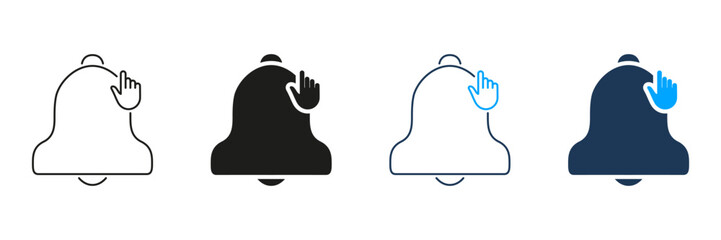 Fototapete - Bell Notification With Hand Click Line And Solid Icon Set. Alert Activation, Reminder, And Notification Management Outline And Silhouette Symbol Collection. Isolated Vector Illustration