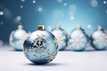 Poster - Christmas ornaments with snowflakes decorations on a sparkling blue background creating a festive holiday atmosphere