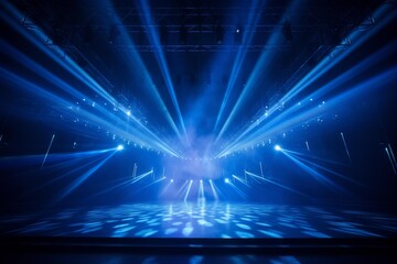 Poster - Bright blue spotlights illuminating an empty stage floor, ready for a show or performance