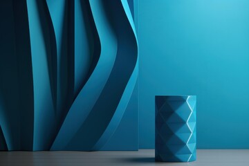 Poster - Modern blue abstract background with geometric podium and wavy wall, perfect for showcasing products or creating a stylish atmosphere
