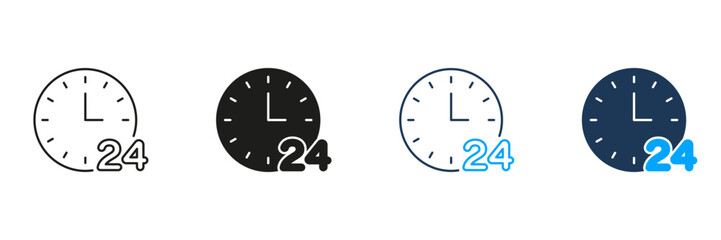 Fototapete - Clock With 24-Hour Service Line And Solid Icon Set. Around-The-Clock Availability And Customer Support Symbol Collection. Time Management And Continuous Operation. Isolated Vector Illustration