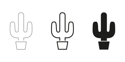 Aufkleber - Cactus In Pot In Line, Outline, And Glyph Icon Set. Desert Plant And Succulent Symbol Collection. Nature And Home Decor. Isolated Vector Illustration