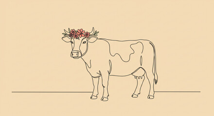 Poster - Cow illustration with floral crown on beige background, single line outline vector  