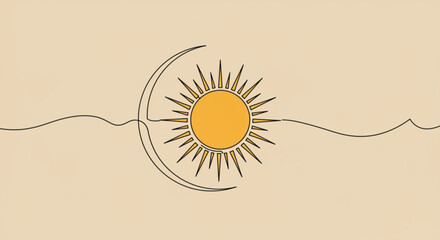 Poster - Single line outline vector of sun and moon with wavy line background  