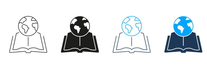 Aufkleber - Open Book With Globe Line And Solid Icon Set. Global Education, Knowledge Sharing, And World Learning Symbol Collection. International Studies And Cultural Exchange. Isolated Vector Illustration