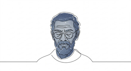 Poster - Elderly man with glasses and beard in one line outline vector design of space face