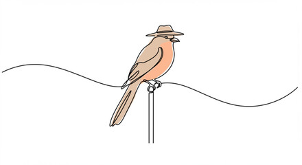 Poster - Brown bird in hat sitting on cane handle, vector single line outline concept