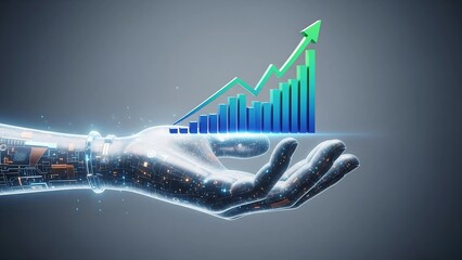 A detailed robotic hand supporting a blue financial growth bar chart with an upward trend line, symbolizing AI-driven progress, automated investment, and future economic success.