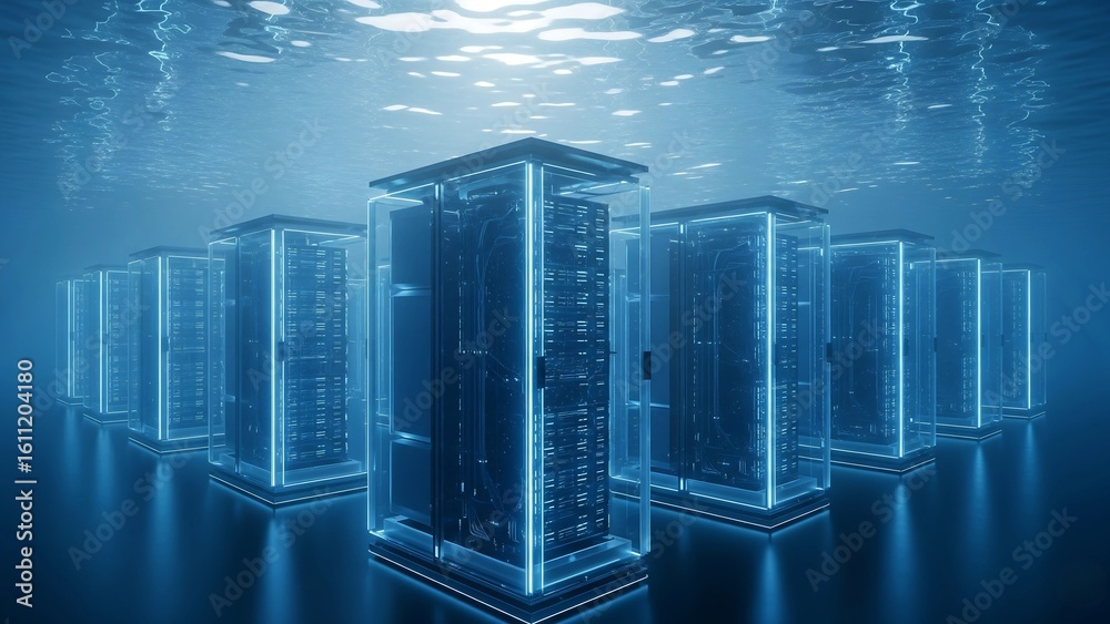 Server Rack Underwater Futuristic server racks submerged underwater with glowing blue lights ...