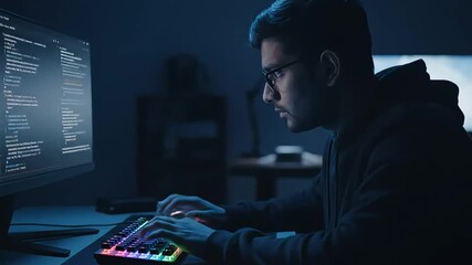 Programmer debugging code in dark room with neon keyboard