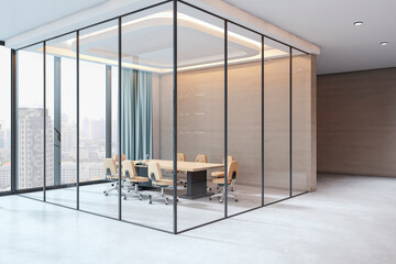 Poster - Modern glass-walled boardroom with city view and sleek interior, featuring empty chairs around a light wooden desk in a clean corporate space. 3D Rendering