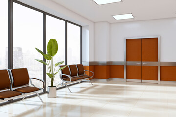 Poster - Modern clinic waiting area with brown seats, large windows, and wooden double doors in a bright hallway with city view and sunlight shadows. 3D Rendering