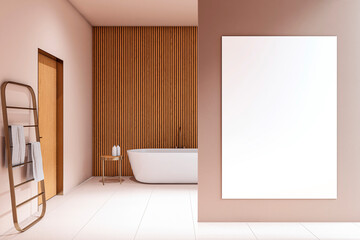 Poster - Vertical canvas mockup in modern luxury bathroom interior with wooden wall, freestanding bathtub, and minimalist towel decor on warm tone background. 3D Rendering