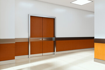 Poster - Modern hospital hallway with double wooden emergency doors and clean white walls under ceiling lights in contemporary interior design. 3D Rendering