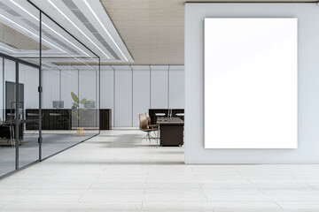 Poster - Vertical blank canvas mockup on modern office corridor wall with glass room partition and clean corporate workspace interior view. 3D Rendering