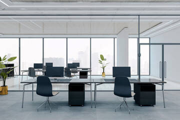 Poster - Modern empty office interior with glass walls, black chairs, computer desks, and city view through large windows in a bright contemporary space. 3D Rendering
